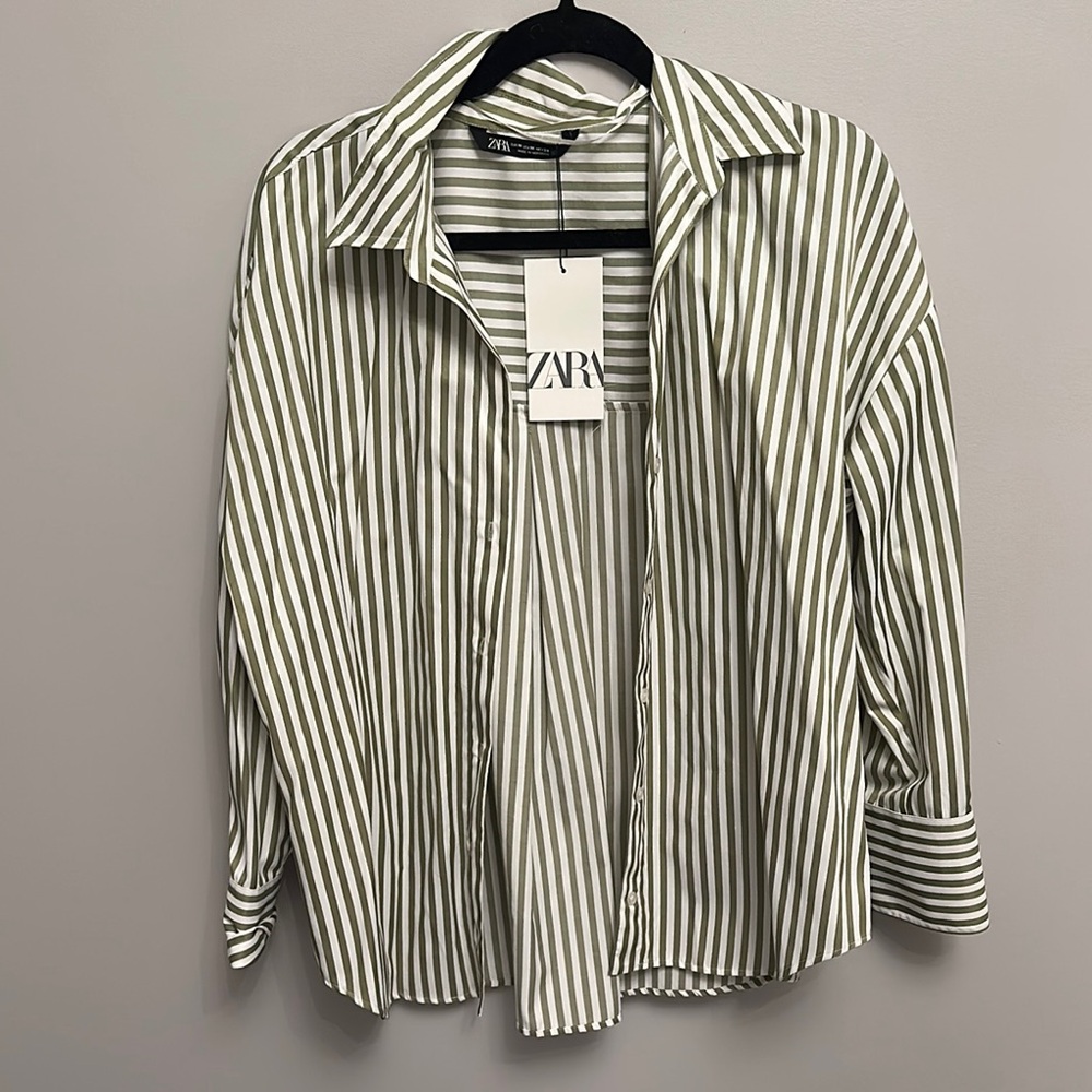 Zara Green Striped Button Down Shirt